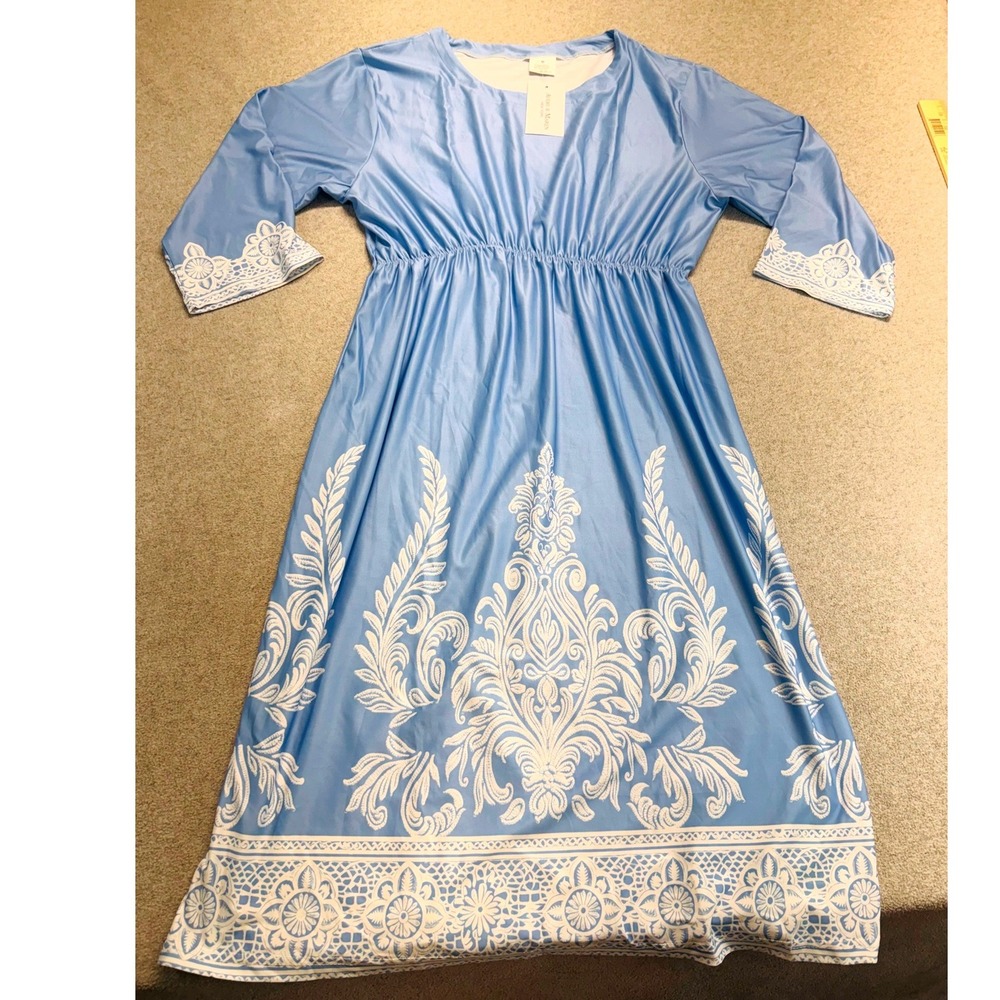 NWT Avery & Maren Blue White Midi Dress‎ Medium Cottagecore Southern Boutique